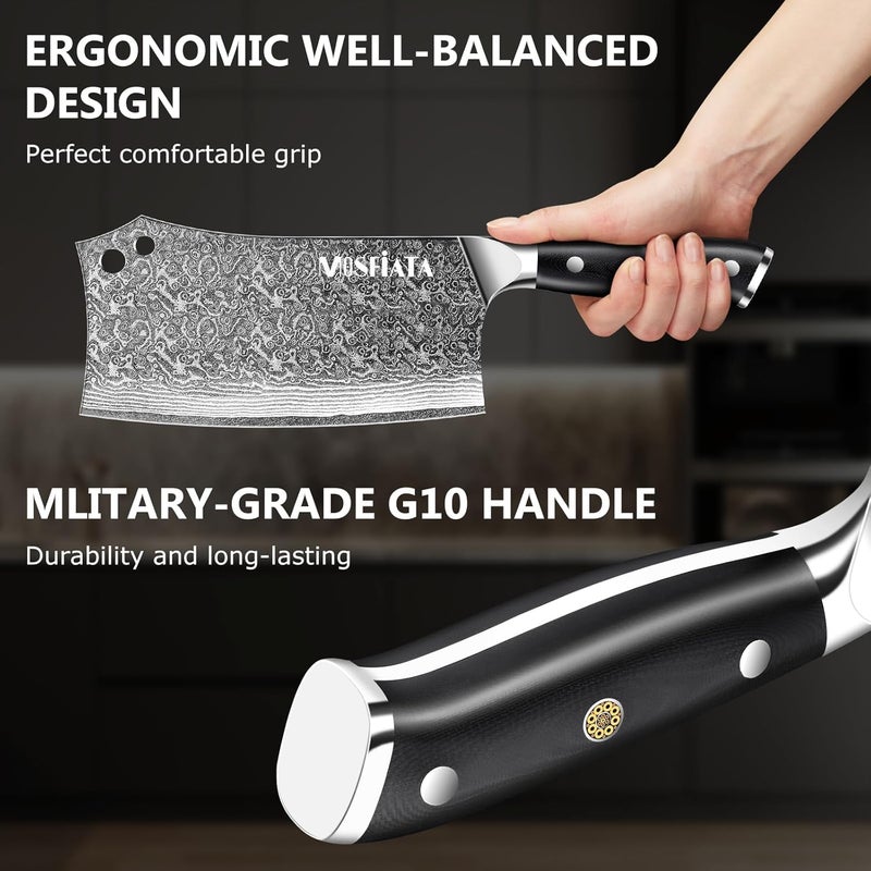 MOSFiATA Damascus 7” Cleaver Knife，Ultra Sharp Vegetable and Meat Butcher Knife with Finger Guard for Home Kitchen and Restaurant - Image 5